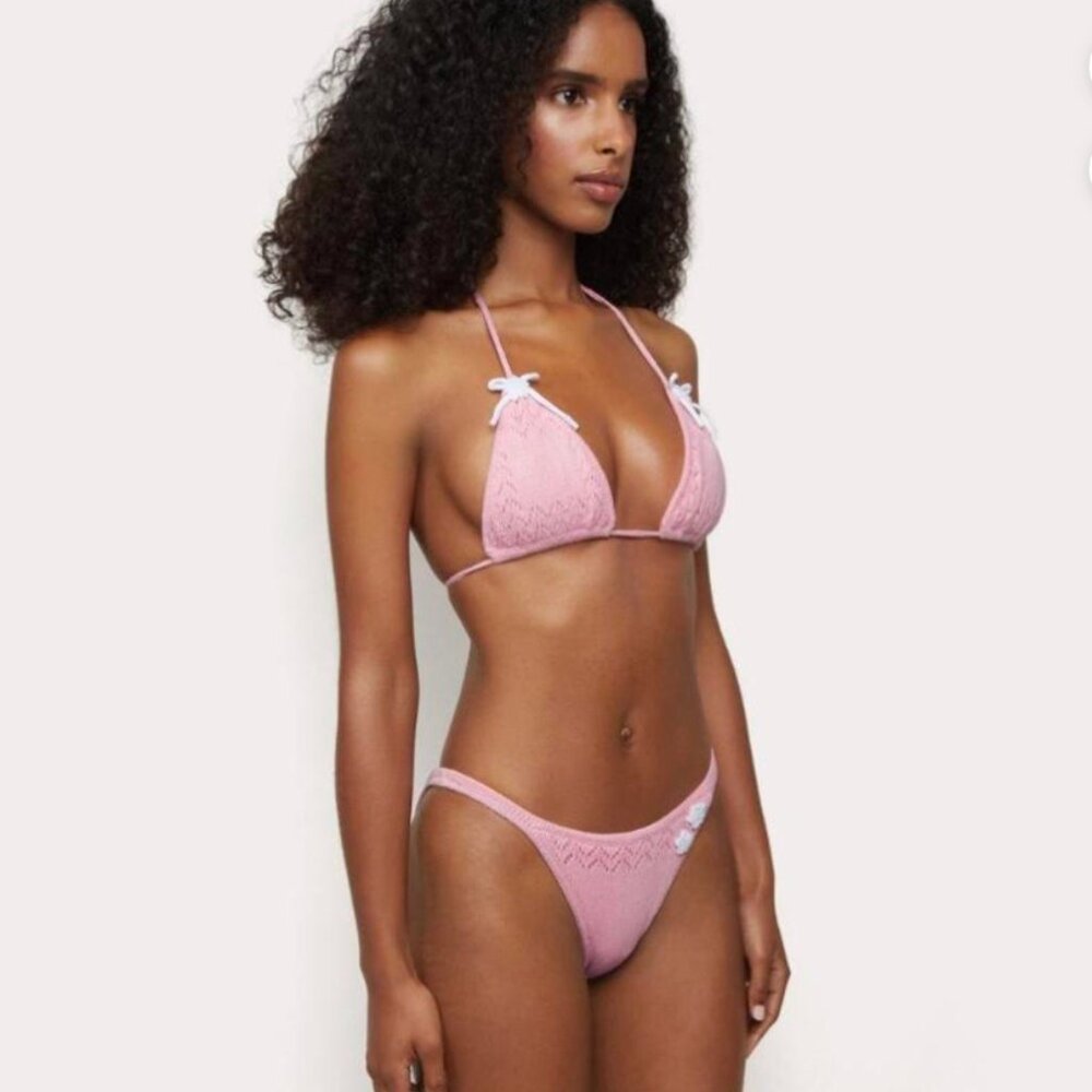 Frankies Bikinis x Danielle Guizio Pink Crochet Knit Triangle Bikini Set Small